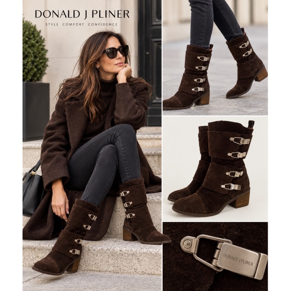 Donald J Pliner Moto Boots Size 7.5 Dorria Brown Silver Buckles Zip Closure